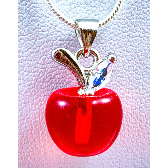 Red Glass Apple Pendant with Rhinestone Leaf - Sterling Silver Plated Chain - Picture 7 of 8